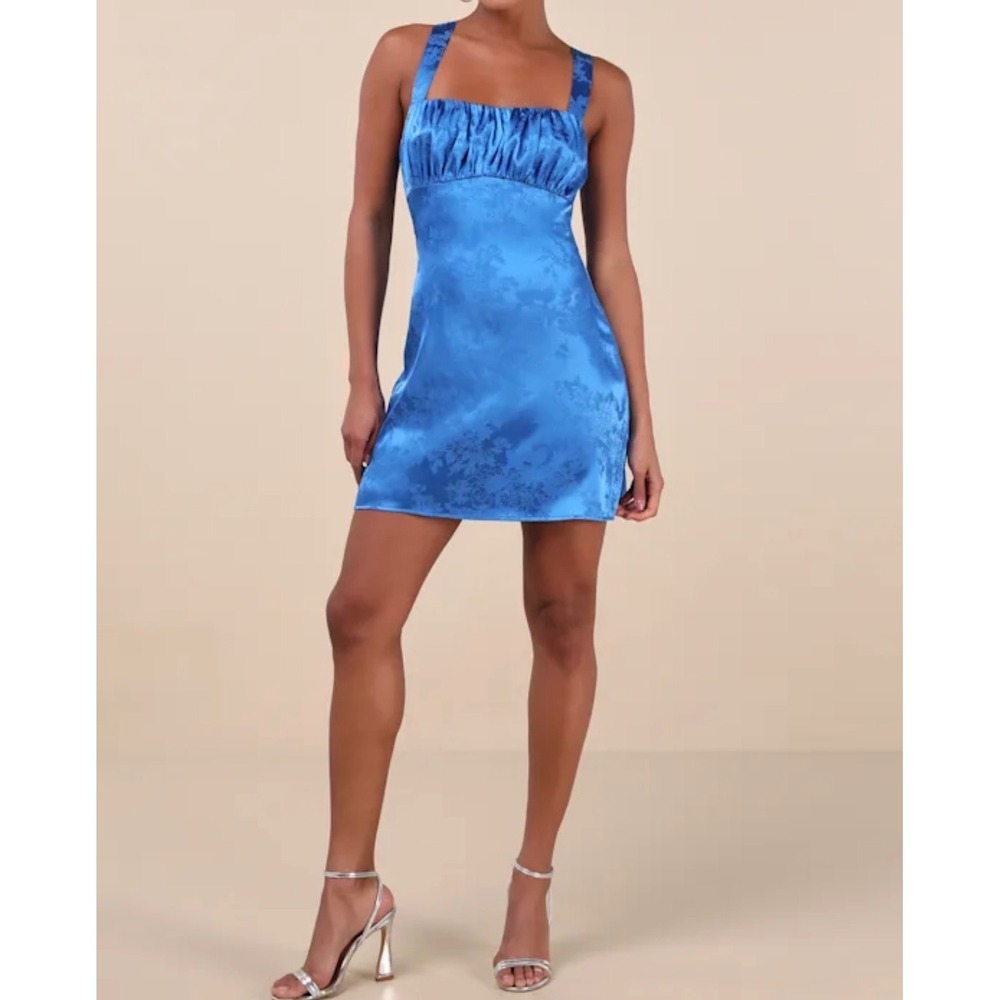 Lulus Exquisite Outlook Royal Blue Floral Jacquard Satin Lace Up Mini Dress S - Picture 4 of 12